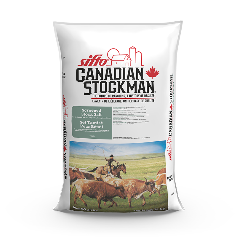 A bag of Sifto Canadian Stockman Screened Stock Salt animal nutrition