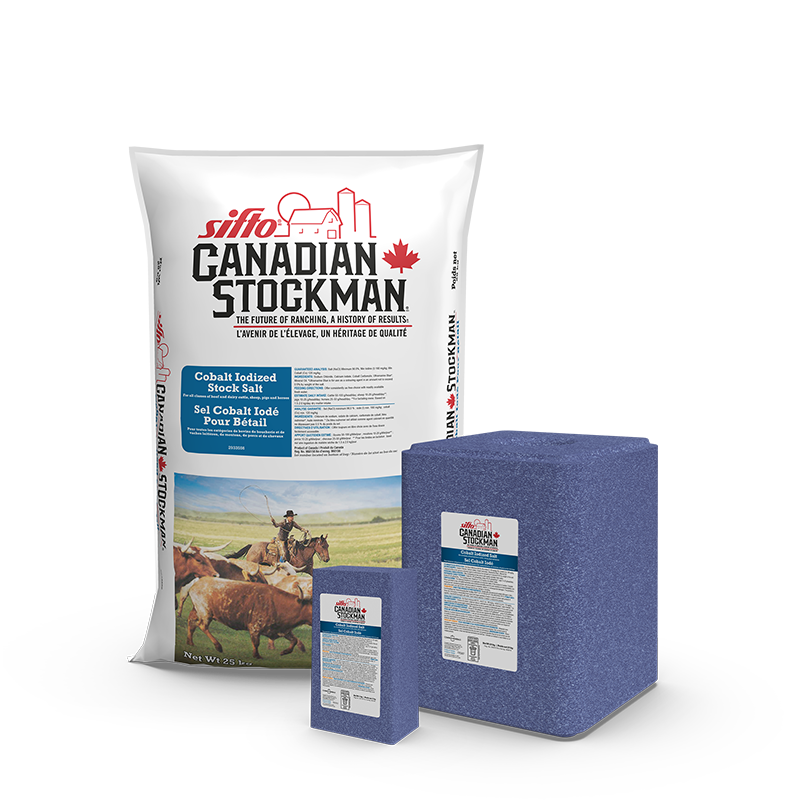A bag, a block, and a lick of Sifto Canadian Stockman Cobalt Iodized Salt animal nutrition