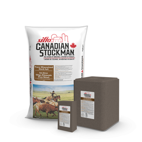 A bag, a block, and a lick of Sifto Canadian Stockman Trace Mineralized Salt animal nutrition