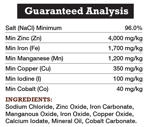 The ingredients and guaranteed analysis for Sifto Canadian Stockman Trace Mineralized Salt
